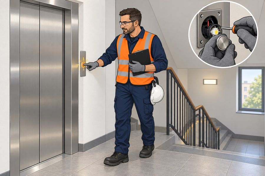 Technician checking the pilot light of a landing call button