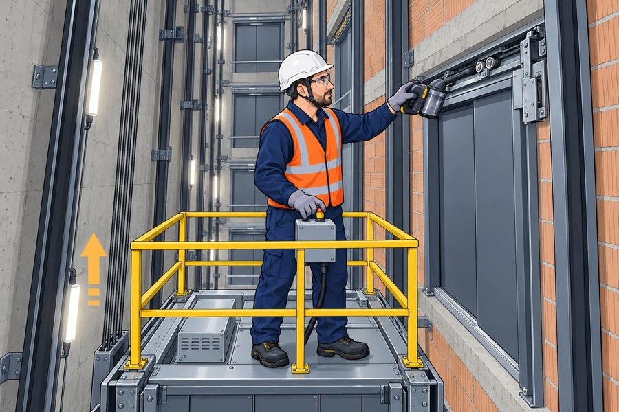 Inspecting landing doors from the car roof at inspection speed