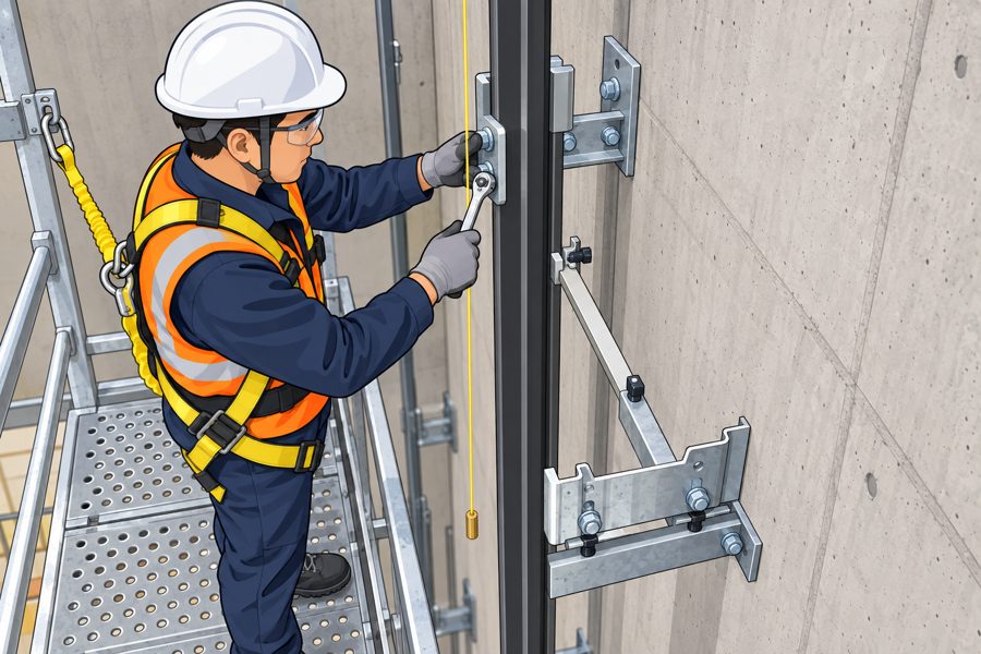 Fixing a rail bracket using the plumb line as reference