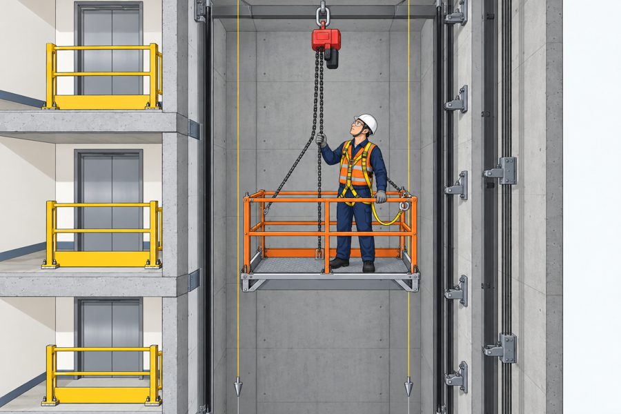 Hoist and installation platform with guardrails inside the shaft