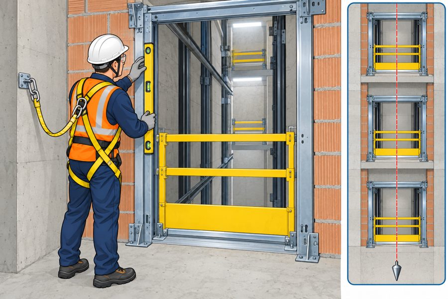 Plumbing a landing door frame with a rigid guardrail