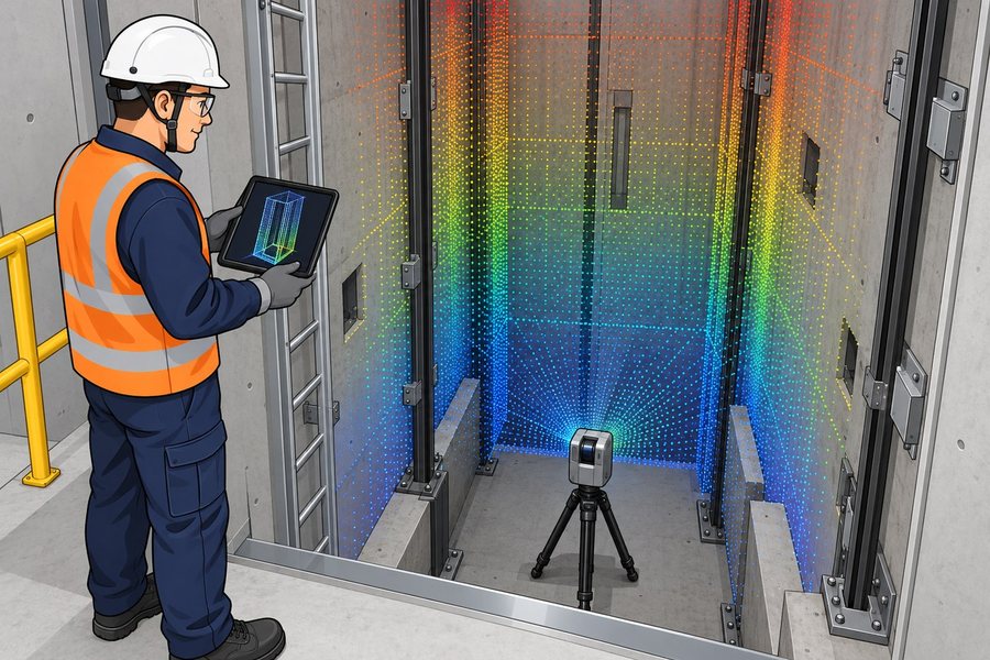 Generischer 3D-Laserscanner in der Schachtgrube erfasst den Schacht als Punktwolke